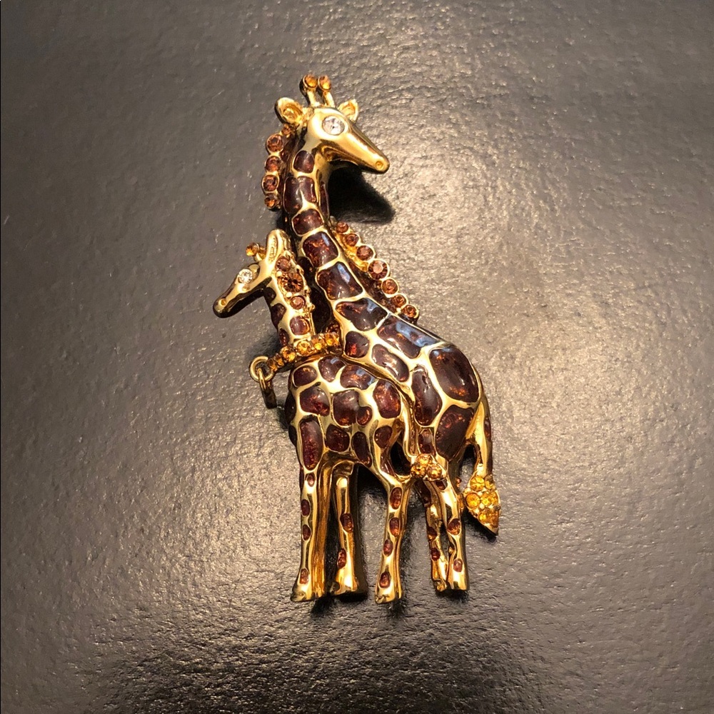 Gold-Tone Giraffe Mother & Baby Brooch with Amber Rhinestones